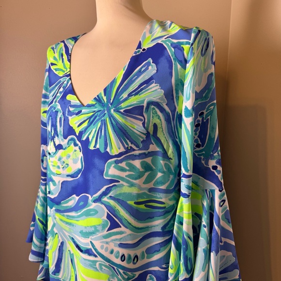 LILLY PULITZER Floral Tropical Print Long Sleeve Midi Dress BLUE / SIZE 8 - Picture 5 of 14